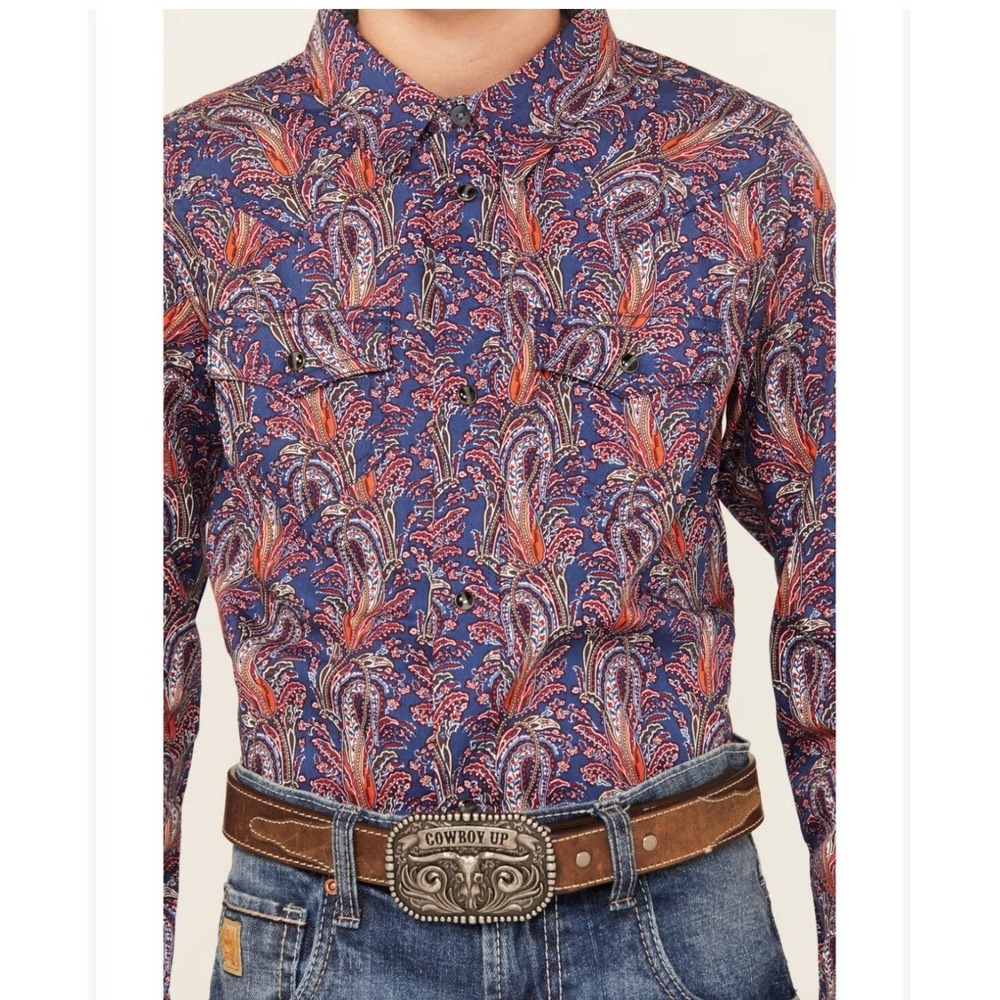 Cody James Mens Blue Red Paisley Western Pearl Snap Shirt Long Sleeve Size M